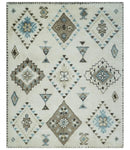 8x10 Tribal Design Ivory, Brown and Blue Traditional Hand Knotted Wool Area Rug by The Rug Decor