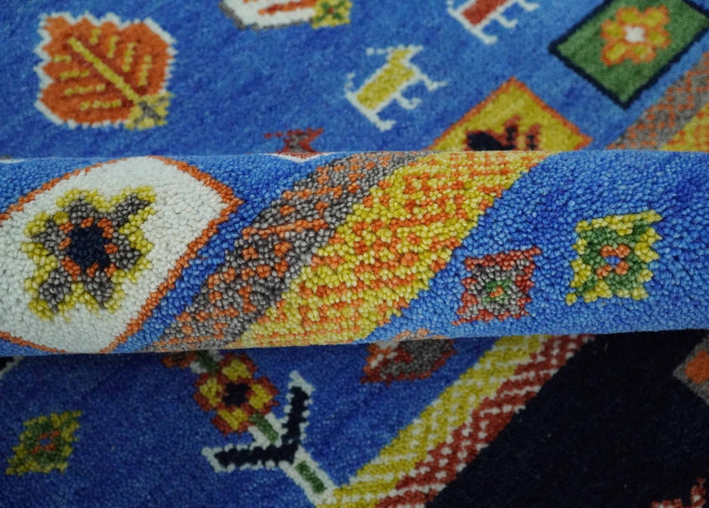 8x10 Tribal Gabbeh Blue, Black, Green and Rust Hand knotted Traditional Wool Area Rug