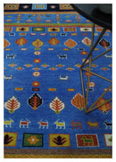 8x10 Tribal Gabbeh Blue, Black, Green and Rust Hand knotted Traditional Wool Area Rug