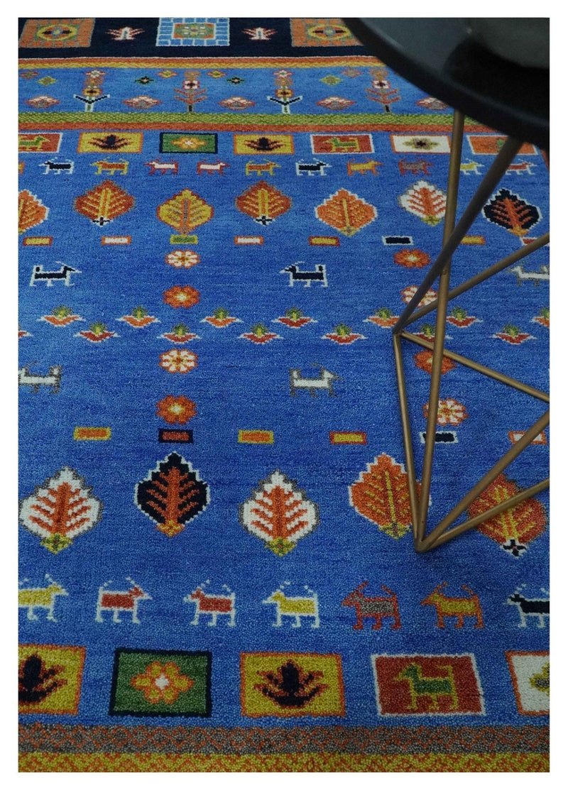 8x10 Tribal Gabbeh Blue, Black, Green and Rust Hand knotted Traditional Wool Area Rug