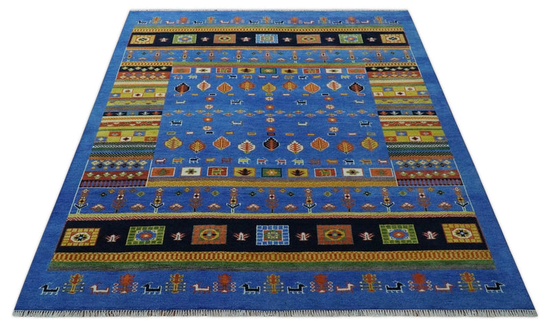 8x10 Tribal Gabbeh Blue, Black, Green and Rust Hand knotted Traditional Wool Area Rug