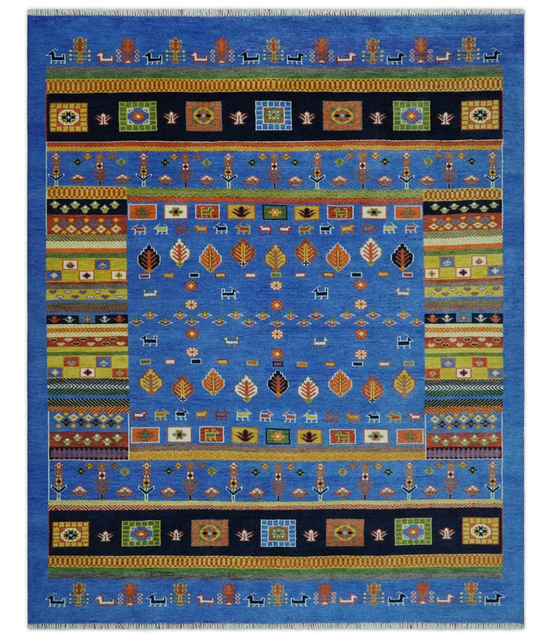 8x10 Tribal Gabbeh Blue, Black, Green and Rust Hand knotted Traditional Wool Area Rug
