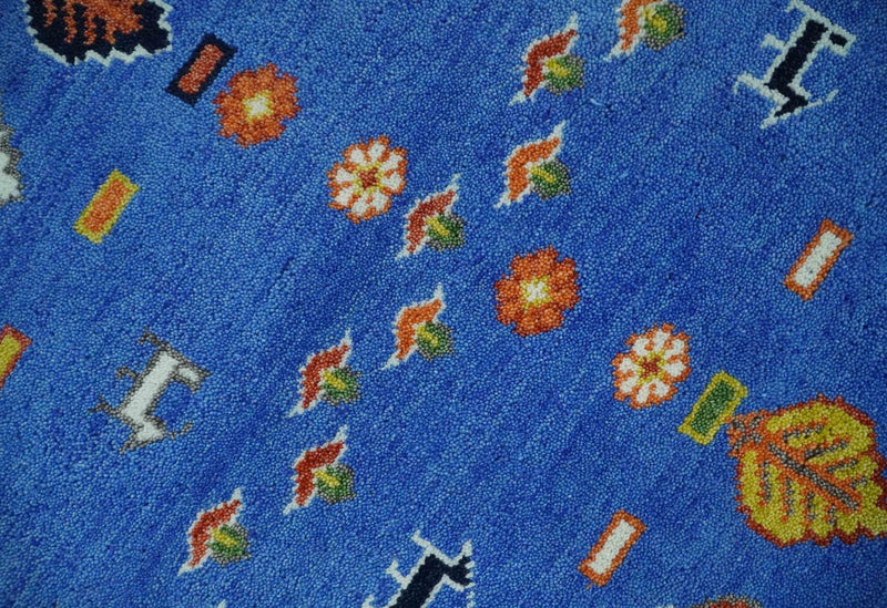 8x10 Tribal Gabbeh Blue, Black, Green and Rust Hand knotted Traditional Wool Area Rug