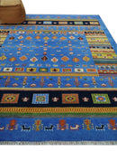 8x10 Tribal Gabbeh Blue, Black, Green and Rust Hand knotted Traditional Wool Area Rug
