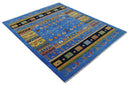 8x10 Tribal Gabbeh Blue, Black, Green and Rust Hand knotted Traditional Wool Area Rug