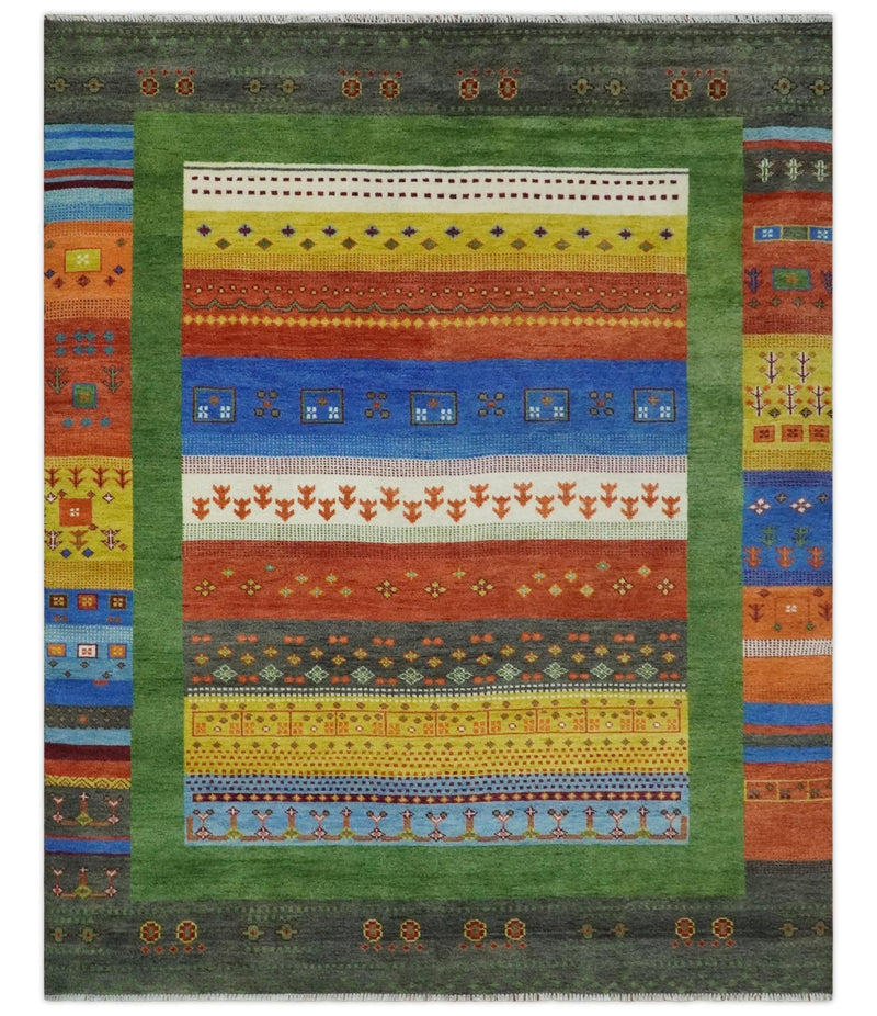 8x10 Tribal Gabbeh Green, Rust, Blue and Gold Hand knotted  Traditional Wool Area Rug
