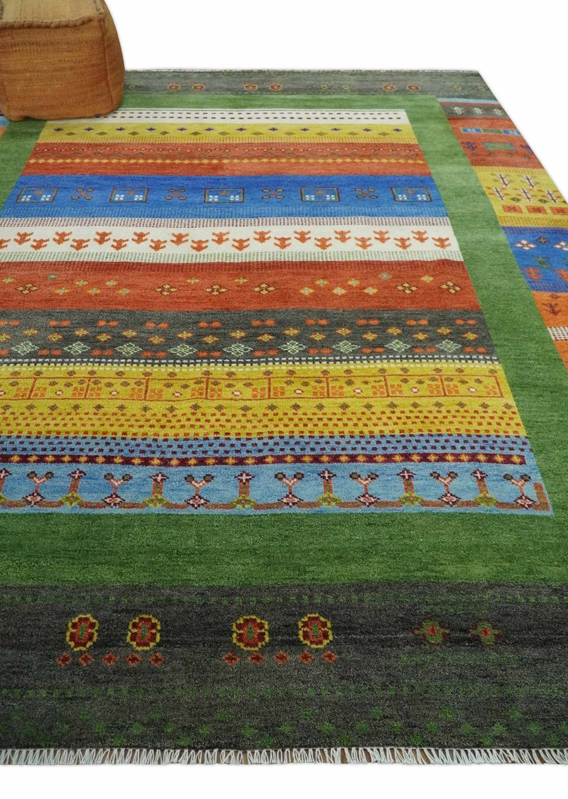 8x10 Tribal Gabbeh Green, Rust, Blue and Gold Hand knotted  Traditional Wool Area Rug