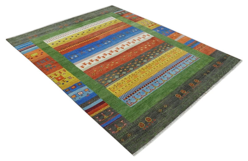 8x10 Tribal Gabbeh Green, Rust, Blue and Gold Hand knotted  Traditional Wool Area Rug