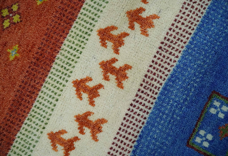 8x10 Tribal Gabbeh Green, Rust, Blue and Gold Hand knotted  Traditional Wool Area Rug