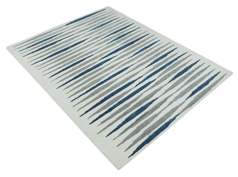 8x10 White, Blue and Camel Hand Tufted Modern Scandinavian Stripe Wool Area Rug | YUK3