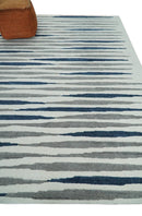 8x10 White, Blue and Camel Hand Tufted Modern Scandinavian Stripe Wool Area Rug | YUK3