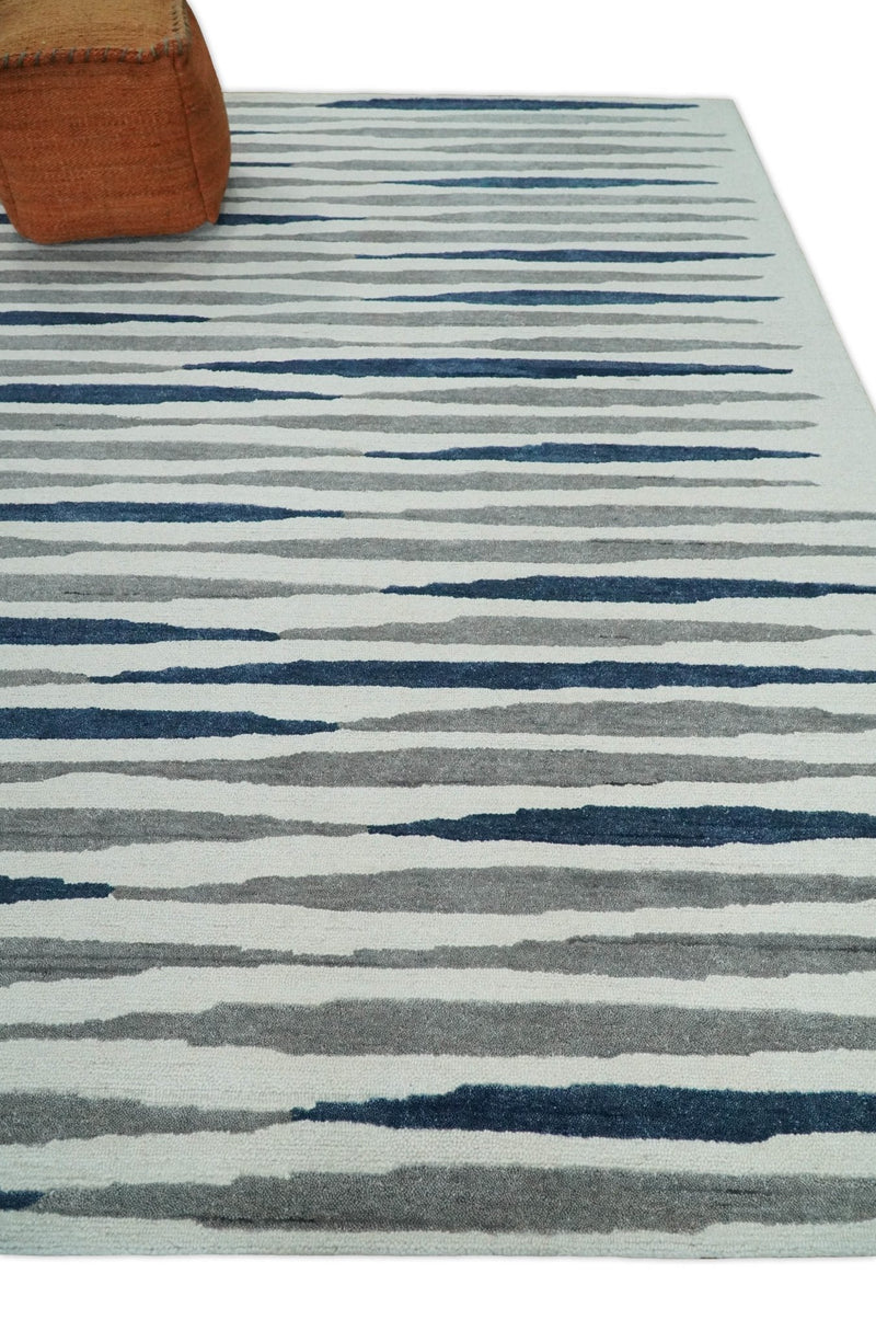 8x10 White, Blue and Camel Hand Tufted Modern Scandinavian Stripe Wool Area Rug | YUK3