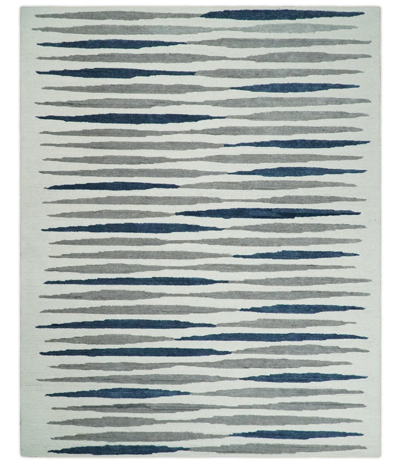 8x10 White, Blue and Camel Hand Tufted Modern Scandinavian Stripe Wool Area Rug | YUK3