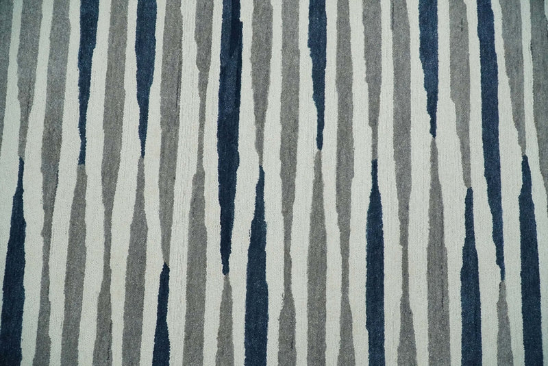 8x10 White, Blue and Camel Hand Tufted Modern Scandinavian Stripe Wool Area Rug | YUK3