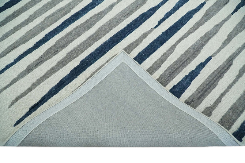 8x10 White, Blue and Camel Hand Tufted Modern Scandinavian Stripe Wool Area Rug | YUK3