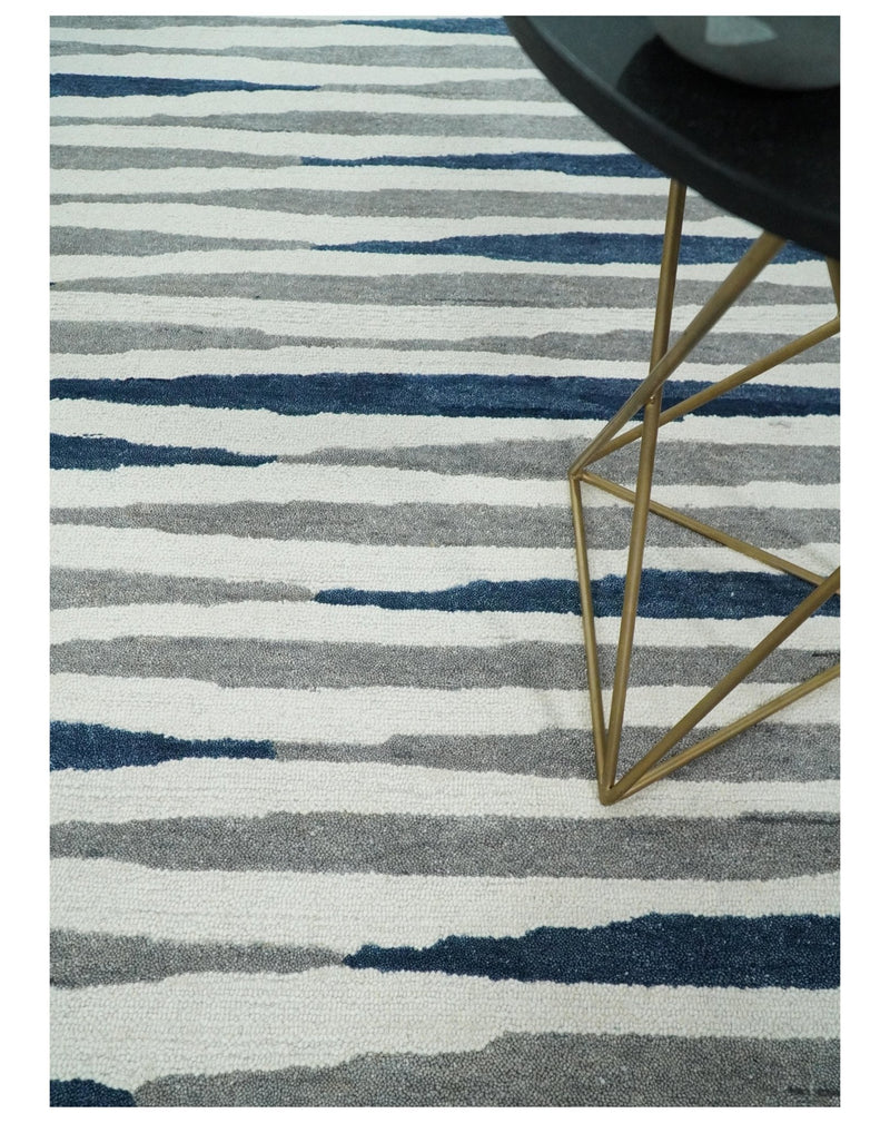 8x10 White, Blue and Camel Hand Tufted Modern Scandinavian Stripe Wool Area Rug | YUK3