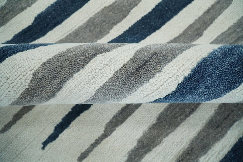 8x10 White, Blue and Camel Hand Tufted Modern Scandinavian Stripe Wool Area Rug | YUK3