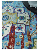 8x10 Wool Blue and Red Abstract Vibrant Colorful Hand knotted Heriz Serapi Area Rug | TRDCP306810