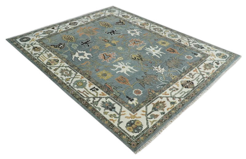 8x10 Wool Traditional Ivory and Gray Vibrant Colorful Hand knotted Oushak Area Rug | TRDCP1304810