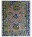 8x10 Wool Traditional Peach, Green and Blue Hand knotted Oushak Area Rug