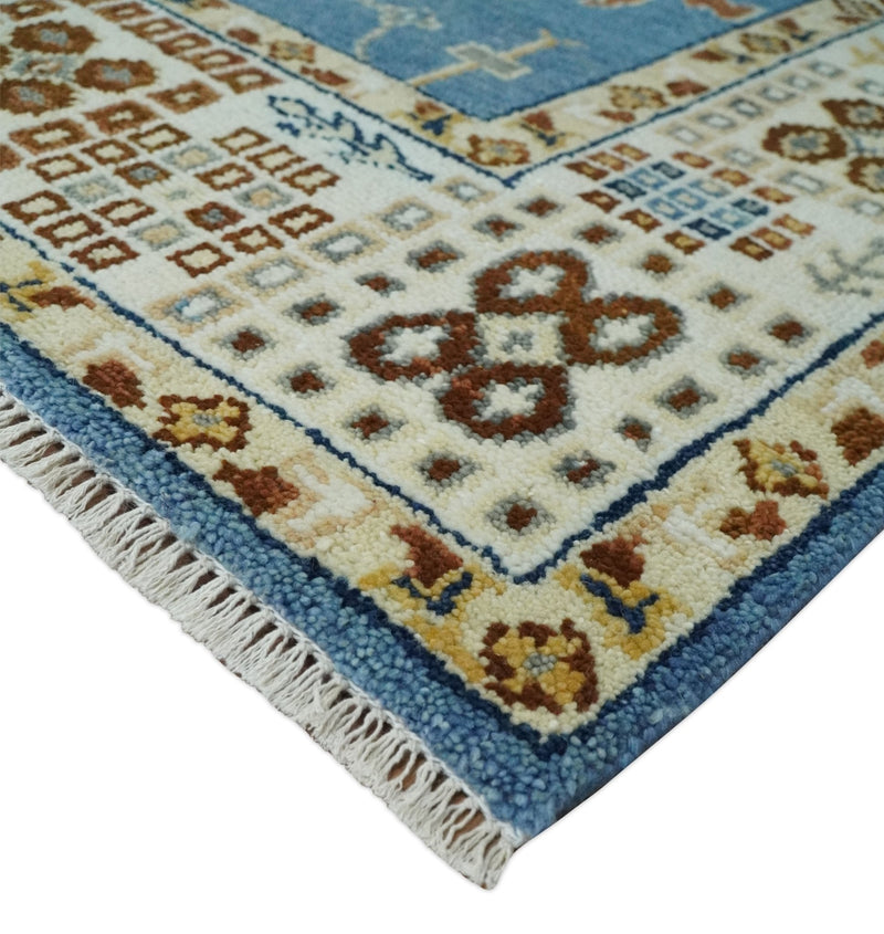 8x10 Wool Traditional Persian Blue and Ivory Colorful Hand knotted Oushak Area Rug | TRDCP1064810