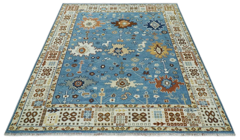 8x10 Wool Traditional Persian Blue and Ivory Colorful Hand knotted Oushak Area Rug | TRDCP1064810