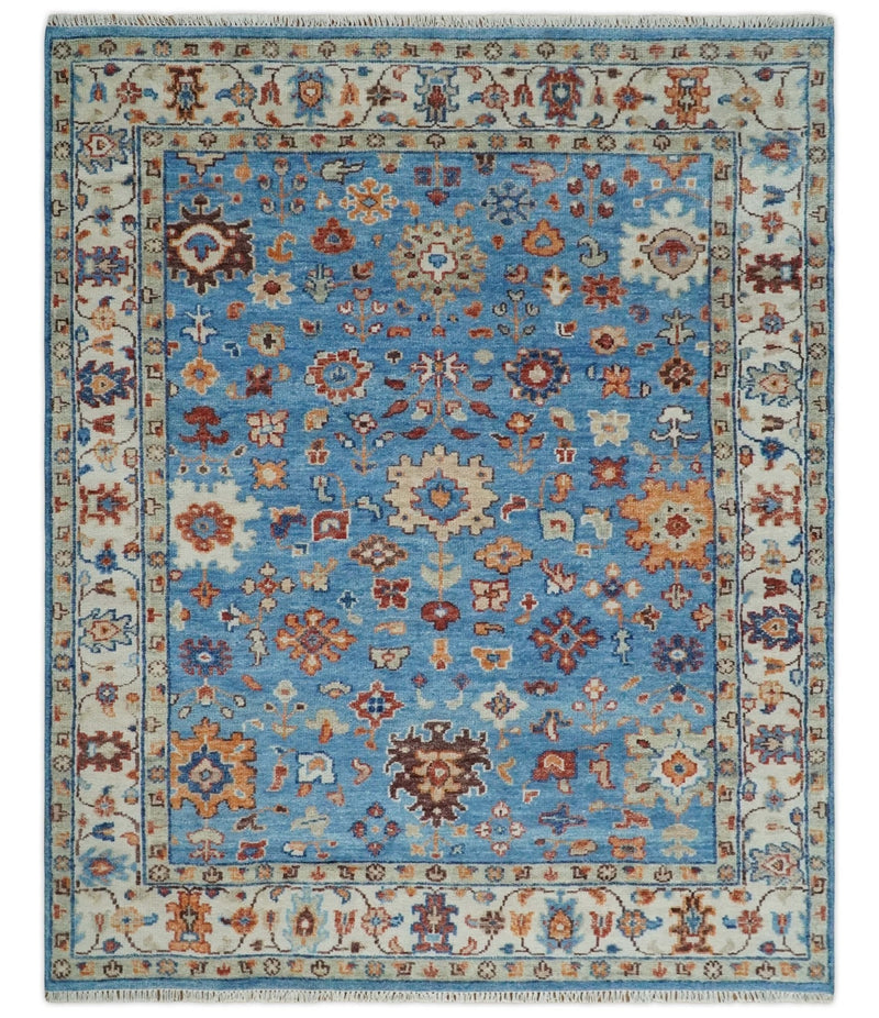 8x10 Wool Traditional Persian Blue and Ivory Vibrant Colorful Hand knotted Oushak Area Rug | TRD2741810S