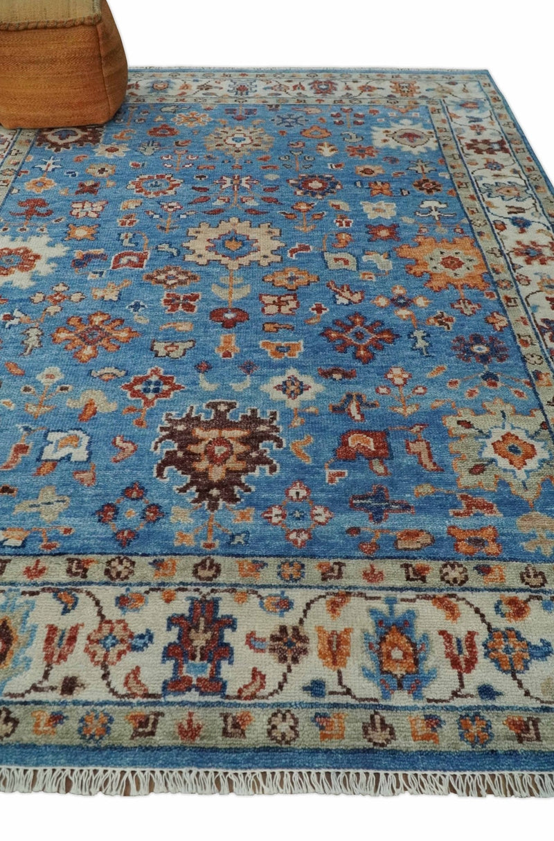 8x10 Wool Traditional Persian Blue and Ivory Vibrant Colorful Hand knotted Oushak Area Rug | TRD2741810S