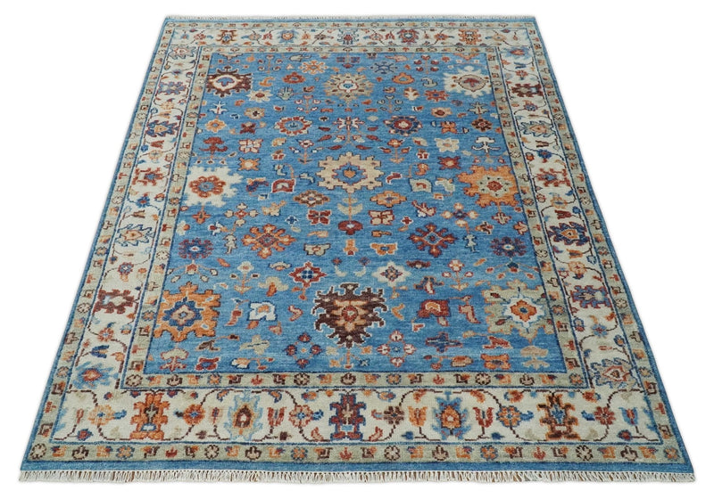 8x10 Wool Traditional Persian Blue and Ivory Vibrant Colorful Hand knotted Oushak Area Rug | TRD2741810S