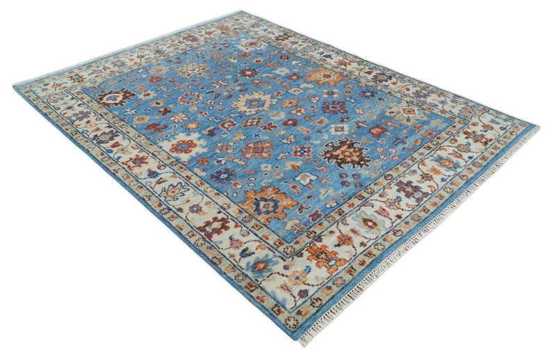 8x10 Wool Traditional Persian Blue and Ivory Vibrant Colorful Hand knotted Oushak Area Rug | TRD2741810S