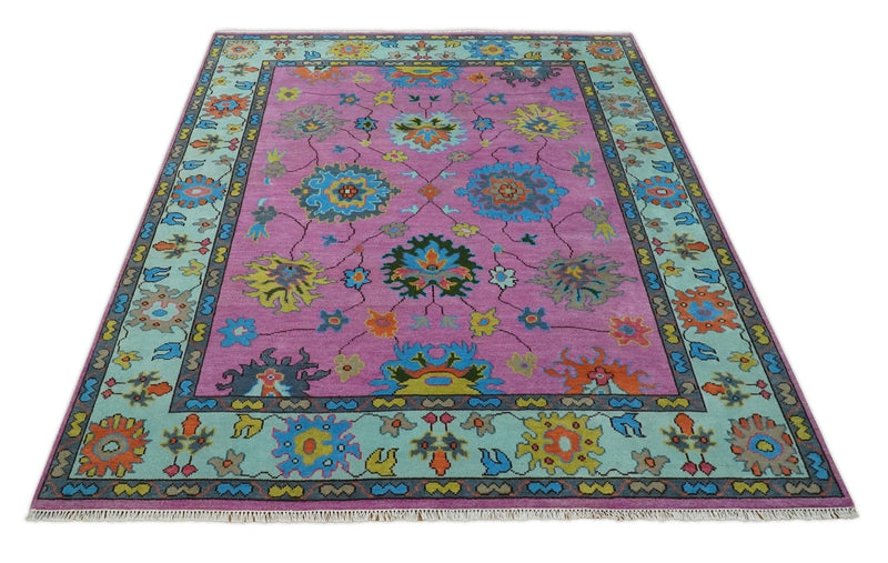 8x10 Wool Traditional Persian Pink, Gray and Blue Vibrant Colorful Hand knotted Oushak Area Rug | TRDCP844810