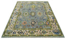 8x10 wool Vibrant Colorful Silver, Green and Light Peach Hand knotted Oushak Area Rug by The Rug Decor