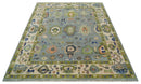 8x10 wool Vibrant Colorful Silver, Green and Light Peach Hand knotted Oushak Area Rug