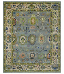 8x10 wool Vibrant Colorful Silver, Green and Light Peach Hand knotted Oushak Area Rug by The Rug Decor