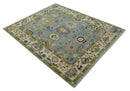 8x10 wool Vibrant Colorful Silver, Green and Light Peach Hand knotted Oushak Area Rug by The Rug Decor