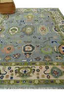 8x10 wool Vibrant Colorful Silver, Green and Light Peach Hand knotted Oushak Area Rug by The Rug Decor