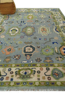 8x10 wool Vibrant Colorful Silver, Green and Light Peach Hand knotted Oushak Area Rug