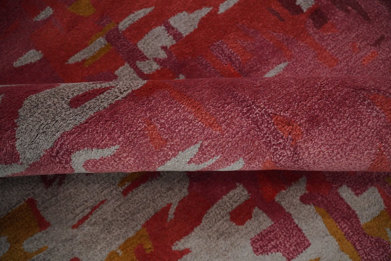 8x11 Red, Rust and Silver Modern Abstract Handmade Wool and Art Silk Area Rug | BAN1