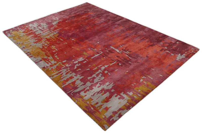8x11 Red, Rust and Silver Modern Abstract Handmade Wool and Art Silk Area Rug | BAN1