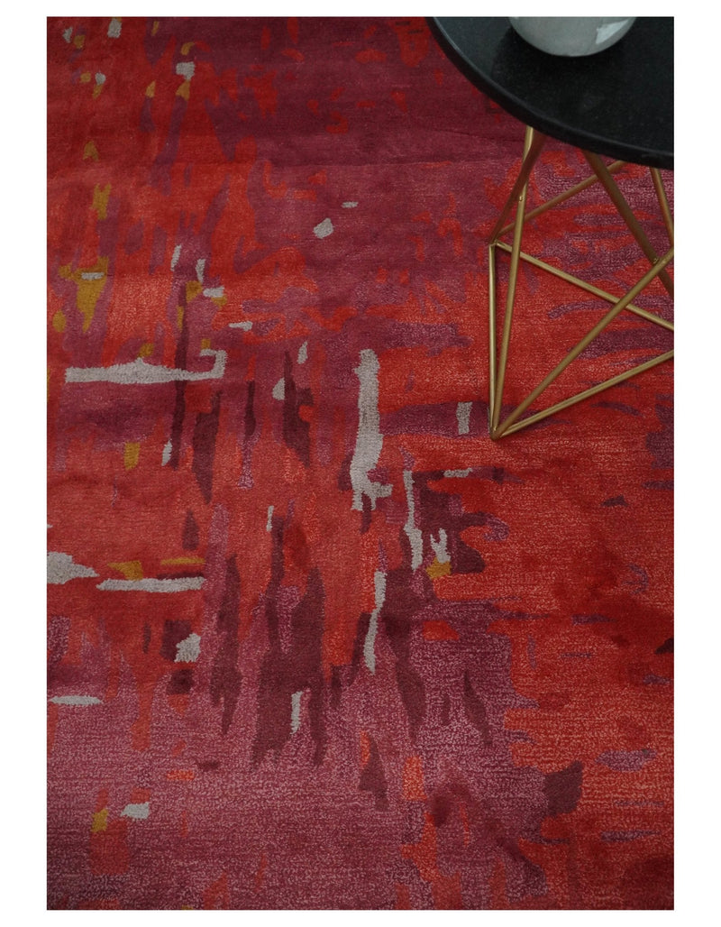 8x11 Red, Rust and Silver Modern Abstract Handmade Wool and Art Silk Area Rug | BAN1