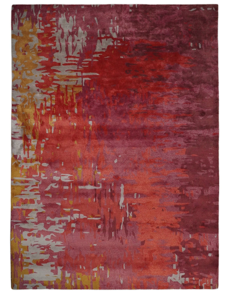 8x11 Red, Rust and Silver Modern Abstract Handmade Wool and Art Silk Area Rug | BAN1