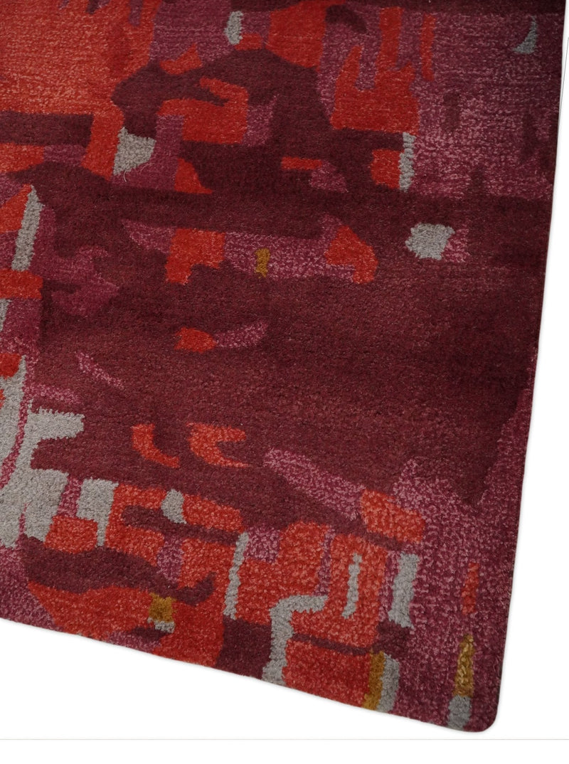 8x11 Red, Rust and Silver Modern Abstract Handmade Wool and Art Silk Area Rug | BAN1