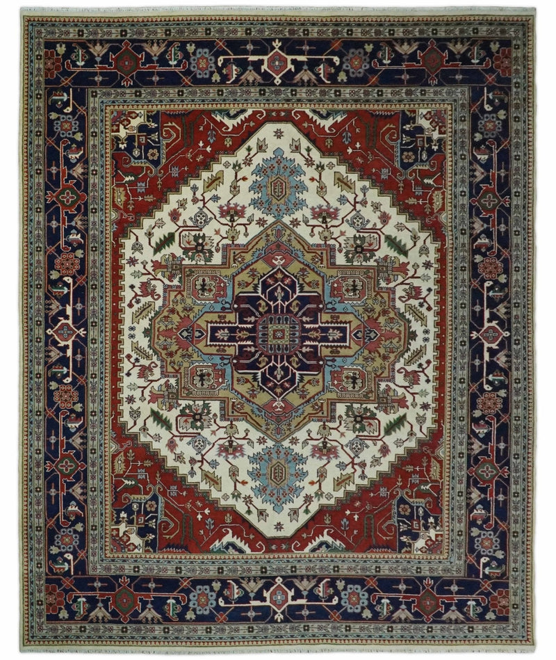 8x8, 8x10, 9x12,10x14 and 12x15 Hand Knotted Ivory and Blue Traditional Heriz Serapi Antique Wool Rug | TRDCP76