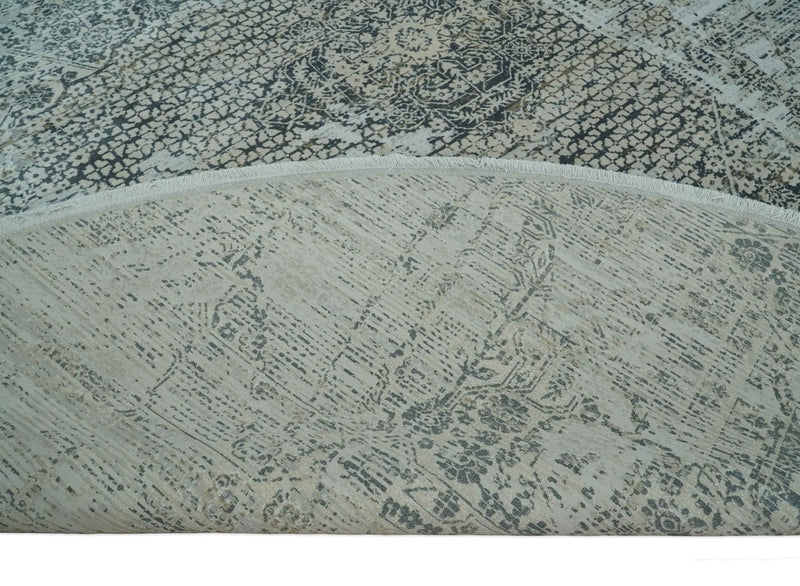 8x8 Round Beige, Gray and Charcoal Antique Finish, Vintage look, Art Silk Area Rug, Living Room Rug | TRDMM8