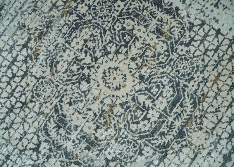 8x8 Round Beige, Gray and Charcoal Antique Finish, Vintage look, Art Silk Area Rug, Living Room Rug | TRDMM8