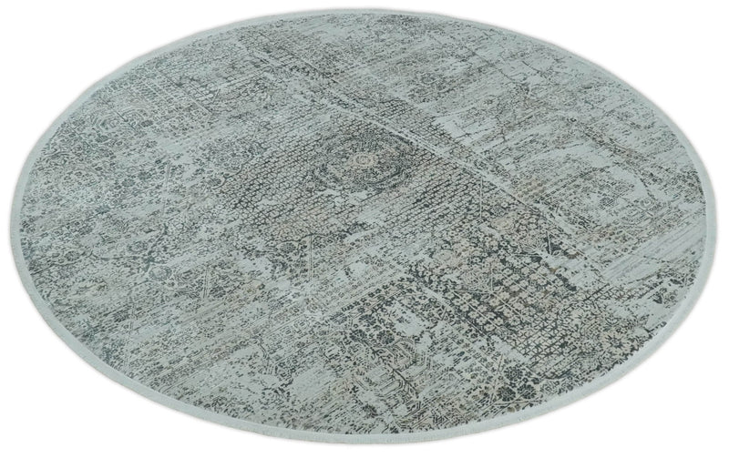 8x8 Round Beige, Gray and Charcoal Antique Finish, Vintage look, Art Silk Area Rug, Living Room Rug | TRDMM8