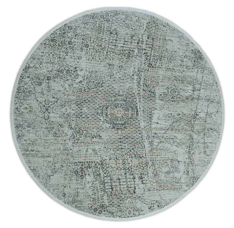 8x8 Round Beige, Gray and Charcoal Antique Finish, Vintage look, Art Silk Area Rug, Living Room Rug | TRDMM8