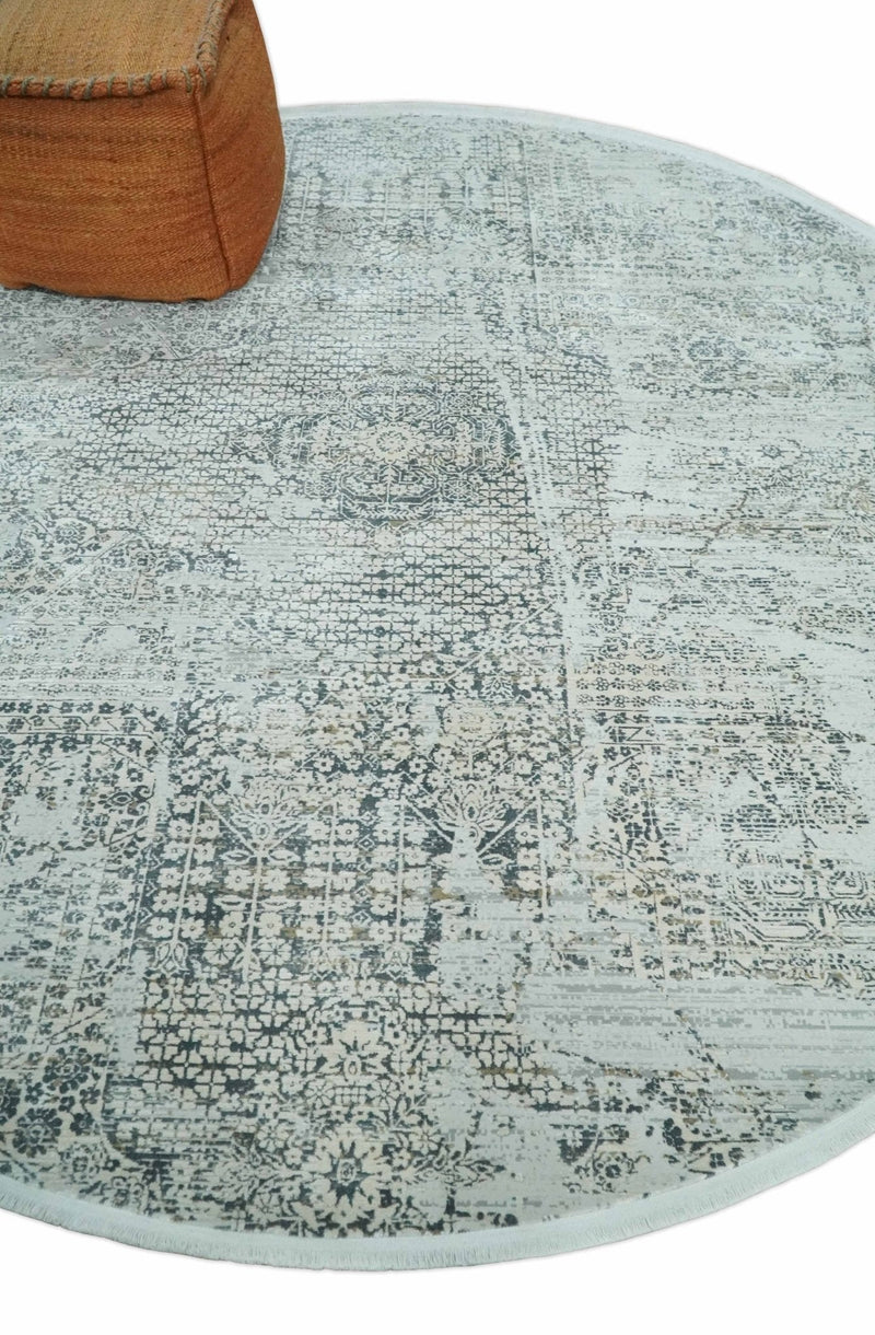 8x8 Round Beige, Gray and Charcoal Antique Finish, Vintage look, Art Silk Area Rug, Living Room Rug | TRDMM8