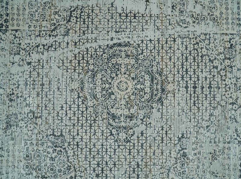 8x8 Round Beige, Gray and Charcoal Antique Finish, Vintage look, Art Silk Area Rug, Living Room Rug | TRDMM8