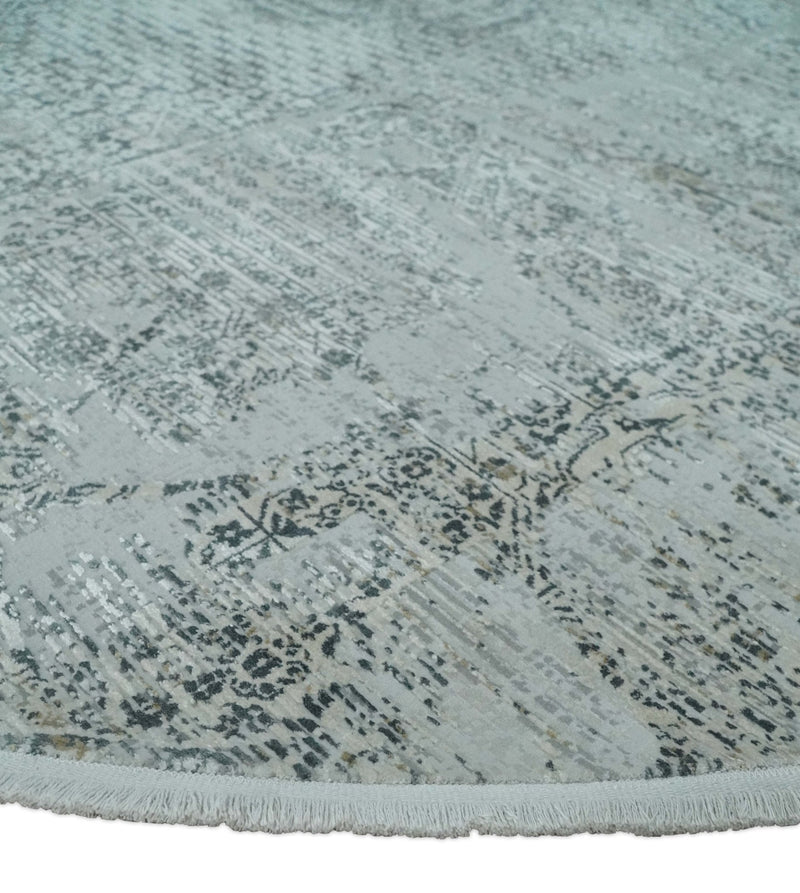8x8 Round Beige, Gray and Charcoal Antique Finish, Vintage look, Art Silk Area Rug, Living Room Rug | TRDMM8